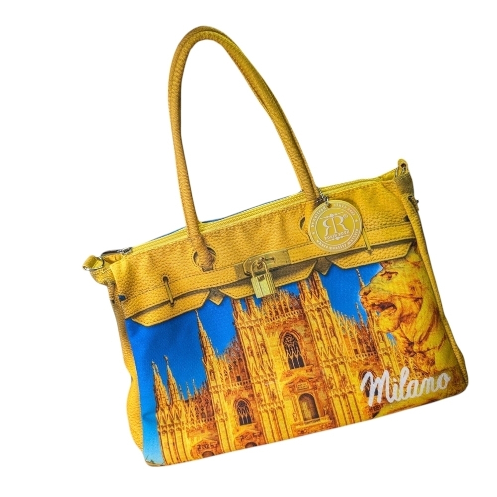 NWOT Robin Ruth 3D Purse Milano Design Yellow Gold Blue Tote Bag Straps Zipper